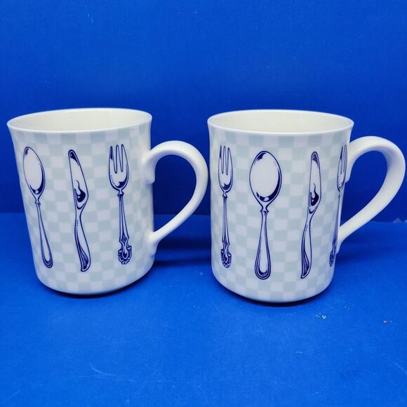 Epoch Indonesia Knife & fork Teal Checkerboard Mugs set of 2 - Picture 2 of 11